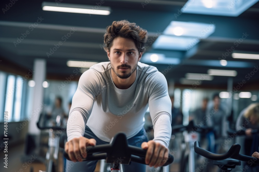 Portrait of an active boy in his 20s doing spinning in a cycling studio. With generative AI technology Portrait of an active boy in his 20s doing spinning in a cycling studio. With generative AI technology