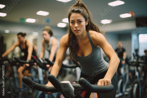 Portrait of a focused girl in her 20s doing spinning in a cycling studio. With generative AI technology