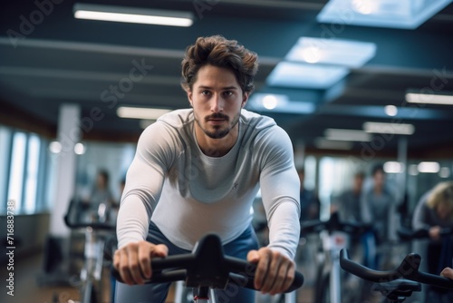 Portrait of an active boy in his 20s doing spinning in a cycling studio. With generative AI technology
