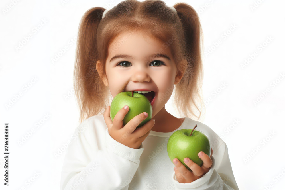little girl eating an green apple isolated on solid white background. ai generative little girl eating an green apple isolated on solid white background. ai generative