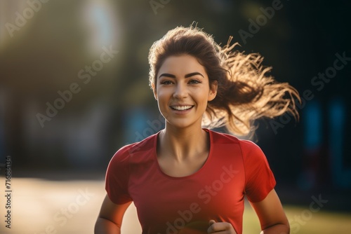 Portrait of a satisfied girl in her 20s running on an athletics track. With generative AI technology