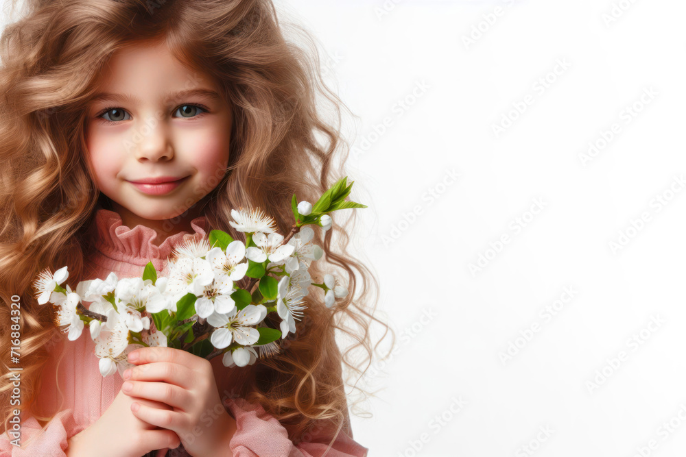 little girl with curly hair and spring blooming flowers on solid white bright background. ai generative little girl with curly hair and spring blooming flowers on solid white bright background. ai generative