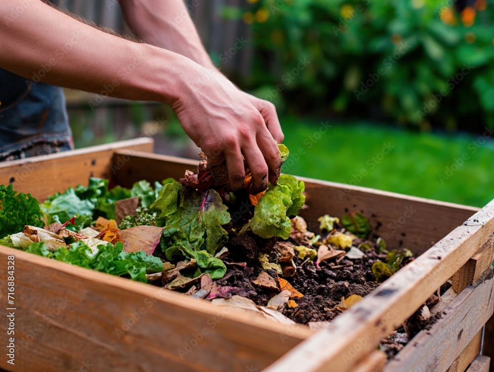 Close-up of a person's hands setting up a backyard composting bin Close-up of a person's hands setting up a backyard composting bin