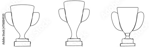Triumph cups set continuous line drawing. Trophy winner symbol collection. Vector illustration isolated on white.