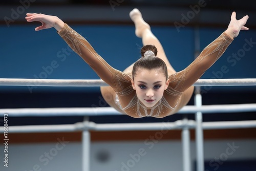 A gymnast performing difficult stunts on the uneven bars photo