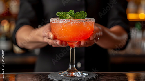 A cocktail decorated with mint in the hands of the bartender