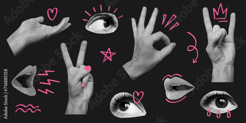 Set of woman hands, lips and eyes with doodle elements. Crown, heart, star. Retro collage elements for posters, banner, social media