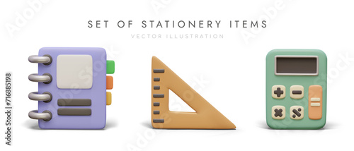 Set of stationery items. Realistic notebook, measuring tool with right angle