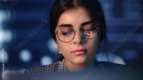 Woman big data analyzing working laptop cyberspace futuristic digital technology database closeup