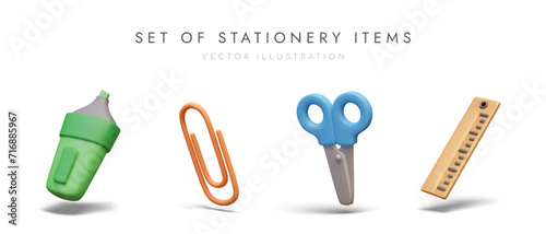 Set of 3D stationery isolated items. Green marker, orange paper clip, blue scissors, ruler