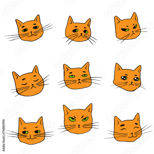 Redheads and green eyes cheerful cute cats set with different facial expressions and emotions. Pattern isolated on white. Cartoon animals vector illustration.