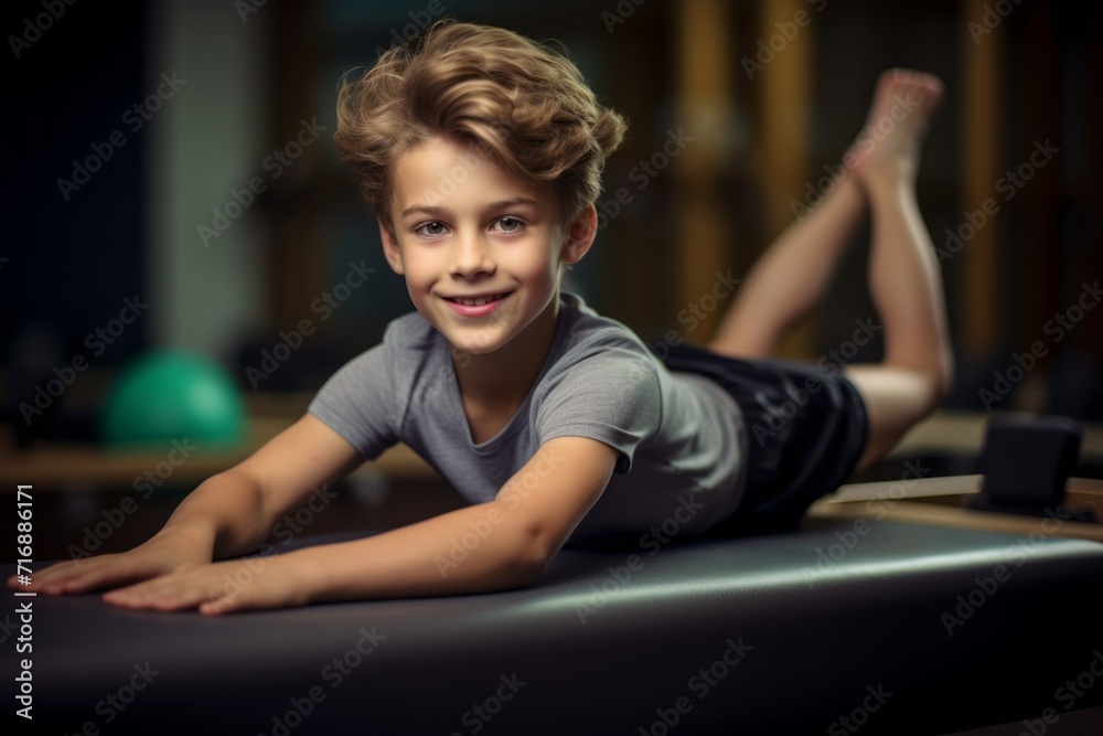 Portrait of a handsome kid male practicing pilates in a studio. With generative AI technology Portrait of a handsome kid male practicing pilates in a studio. With generative AI technology