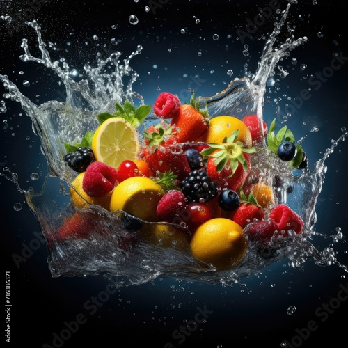 Fresh fruit splashing into clear water, Fresh fruits into clear water splash background, panorama wallpaper with fruits in the water fresh, Ai generated