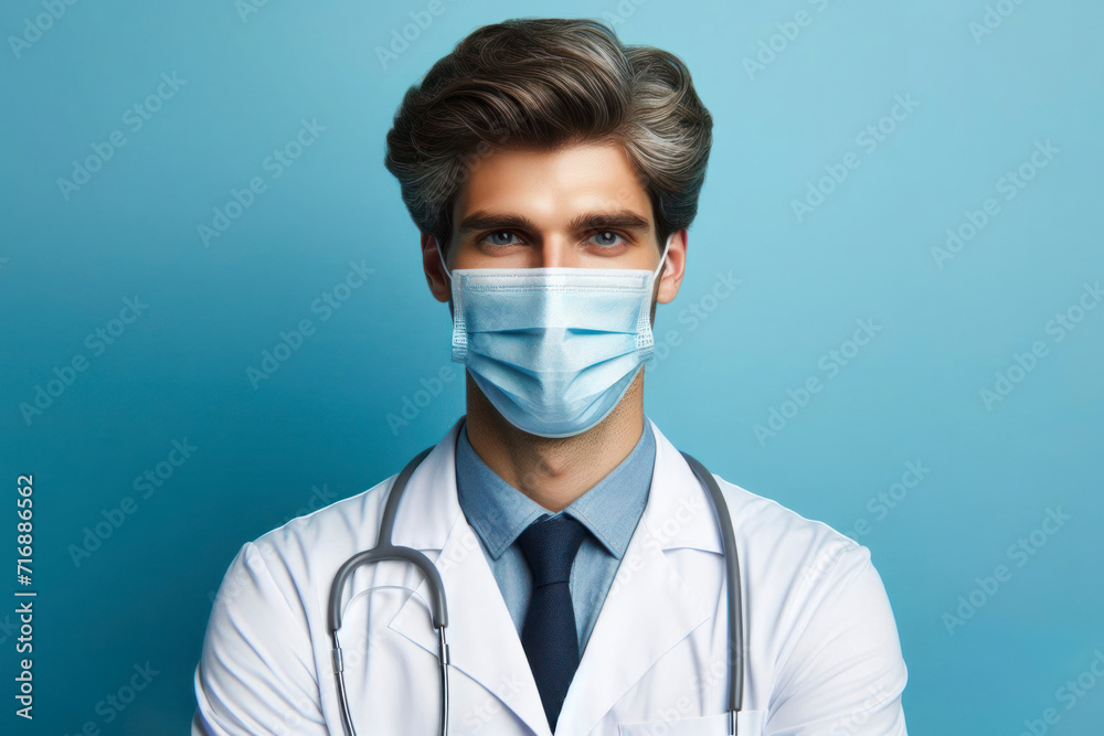The doctor is a man with gray hair wearing a medical mask isolated on solid bright blue background. ai generative The doctor is a man with gray hair wearing a medical mask isolated on solid bright blue background. ai generative