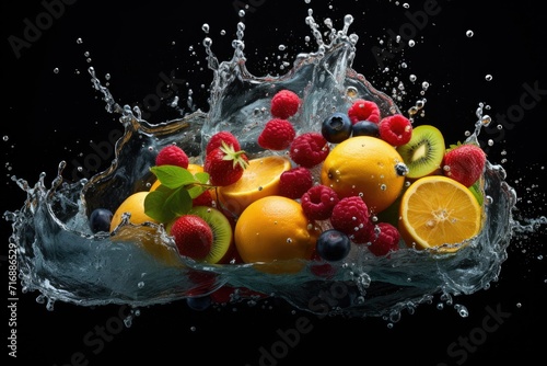 Fresh fruit splashing into clear water, Fresh fruits into clear water splash background, panorama wallpaper with fruits in the water fresh, Ai generated