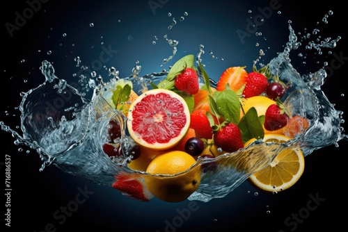 Fresh fruit splashing into clear water  Fresh fruits into clear water splash background  panorama wallpaper with fruits in the water fresh  Ai generated