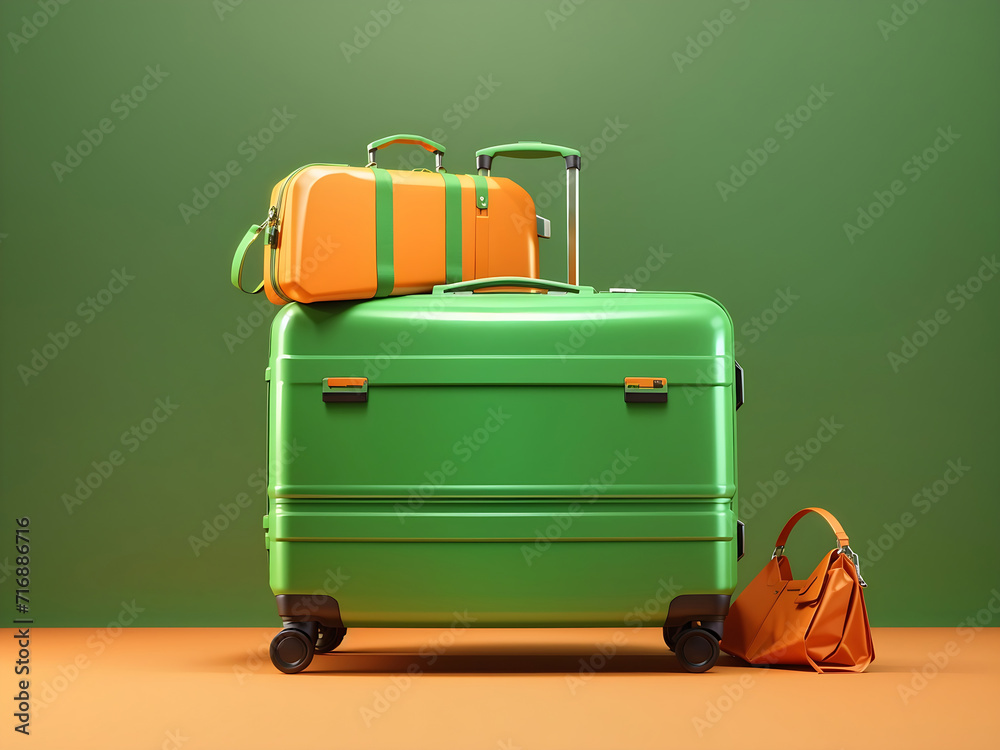 Green luggage ready for travel on lush orange background design, 3D Rendering design.