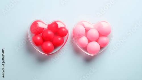 Transparent packaging in the shape of a heart with sweets close-up. Chewing gum. Valentine's Day background. Symbol of love