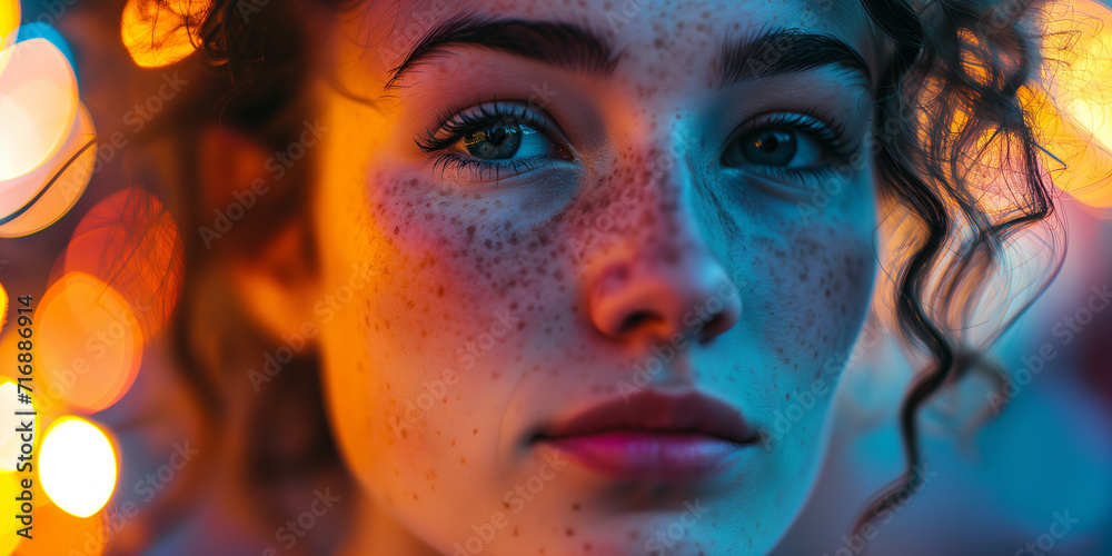 Close-up of a young woman with curly hair and freckles, her eyes a mirror of soulful depth amidst bokeh lights