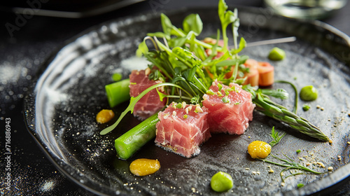 Creative Michelin-starred bluefin tuna with tuna green asparagus, black ceramic tableware, and rustic Japanese style. cinematic. photo