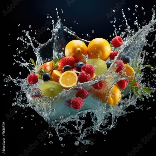 Fresh fruit splashing into clear water  Fresh fruits into clear water splash background Ai generated