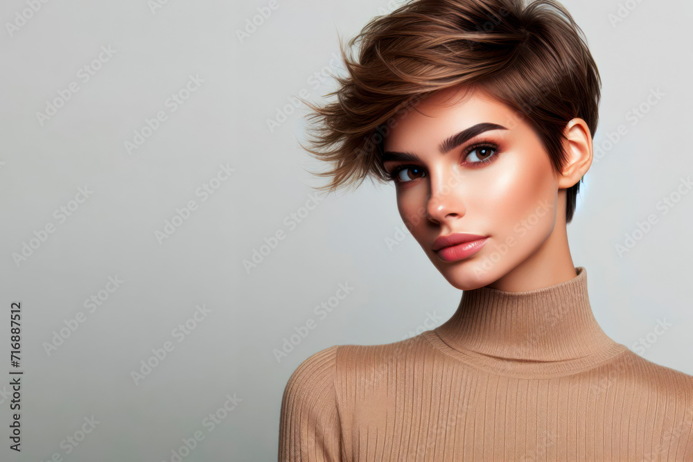 young attractive multinational female glamorous stylish short haircut on solid white bright background. ai generative young attractive multinational female glamorous stylish short haircut on solid white bright background. ai generative