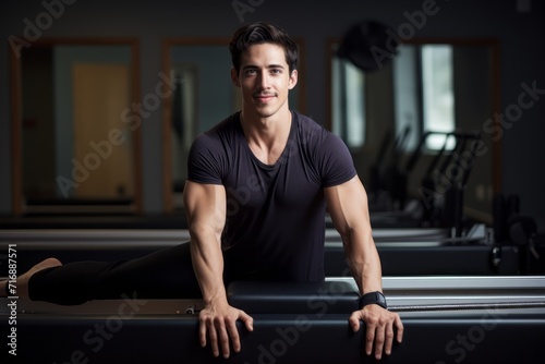 Portrait of a focused boy in his 20s practicing pilates in a studio. With generative AI technology