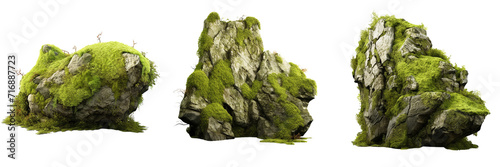 Set Of Cut out mossy nature rock shape on A Transparent Background 