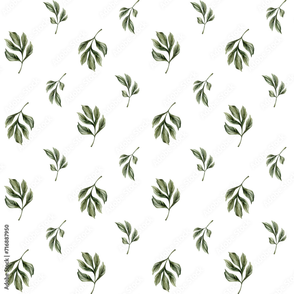 Floral watercolor seamless pattern with green peony leaves on white background. For design, fabric, textile, wrapping