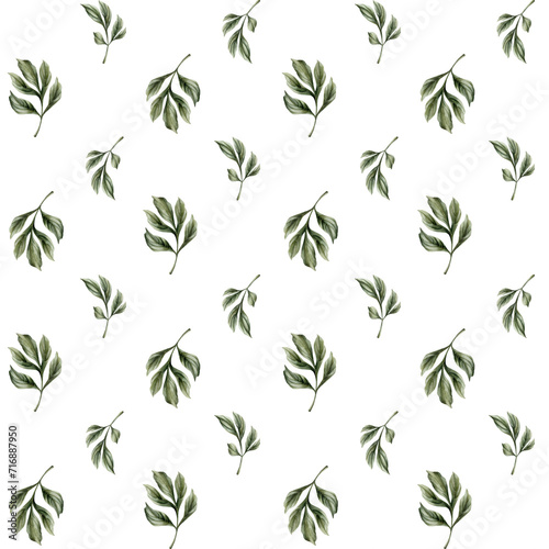 Floral watercolor seamless pattern with green peony leaves on white background. For design, fabric, textile, wrapping