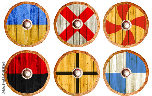 Set round traditional shields with viking or knights pattern