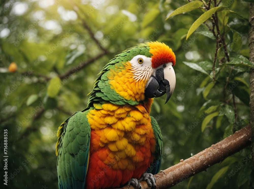 Obraz premium Close up colorful bird Ara on green tree. AI Generated.