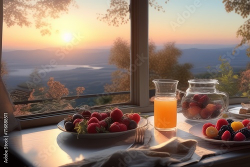 Mesa posta para o café da manhã ao lado de uma janela com linda paisagem ao nascer do sol. (gerado com IA)