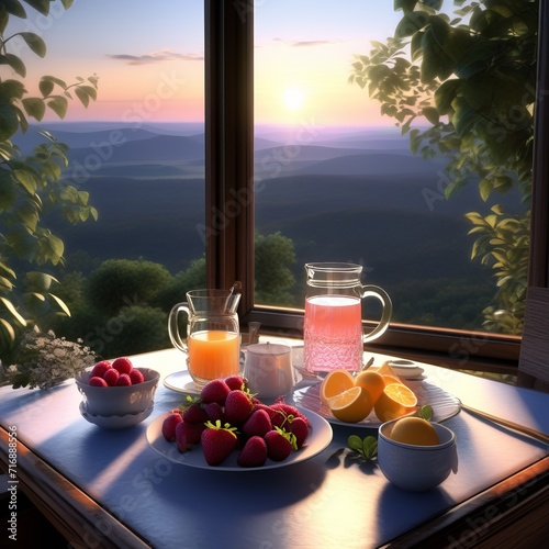 Mesa posta para o café da manhã ao lado de uma janela com linda paisagem ao nascer do sol. (gerado com IA) photo