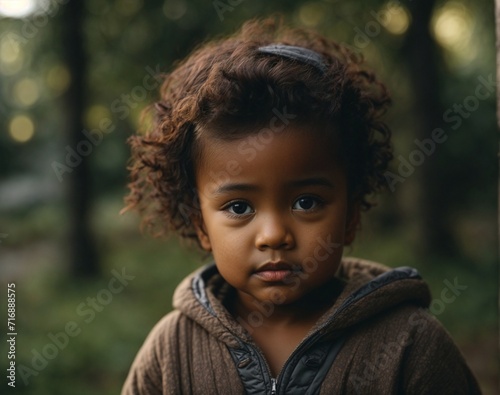 close up kid dark skin on the street. AI Generated.