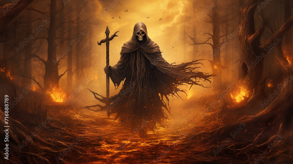 skeletal grim reaper holding scythe walking forward