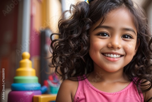 Retrato de uma criança, menina, cinco anos, latino americana, sorrindo para a câmera, ao fundo brinquedos infantis. Gerado com IA (Leonardo AI) photo