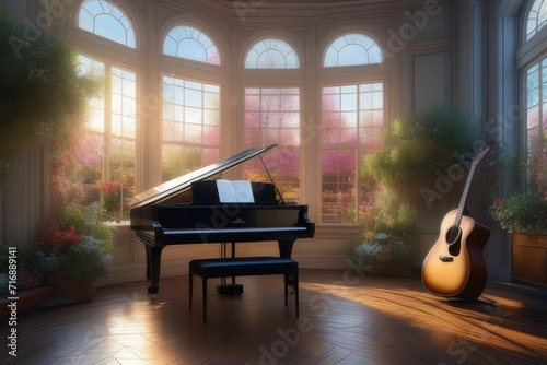 Piano e violão em uma sala com grandes janelas ao por do sol., ilustração gerada com IA photo