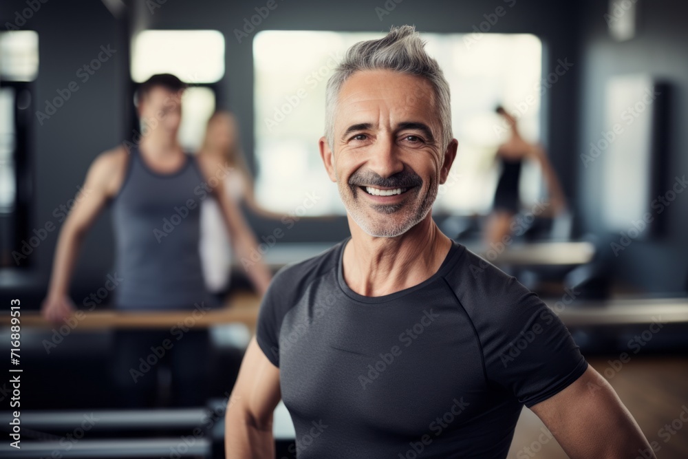 Fototapeta premium Portrait of a satisfied mature man practicing pilates in an empty room. With generative AI technology
