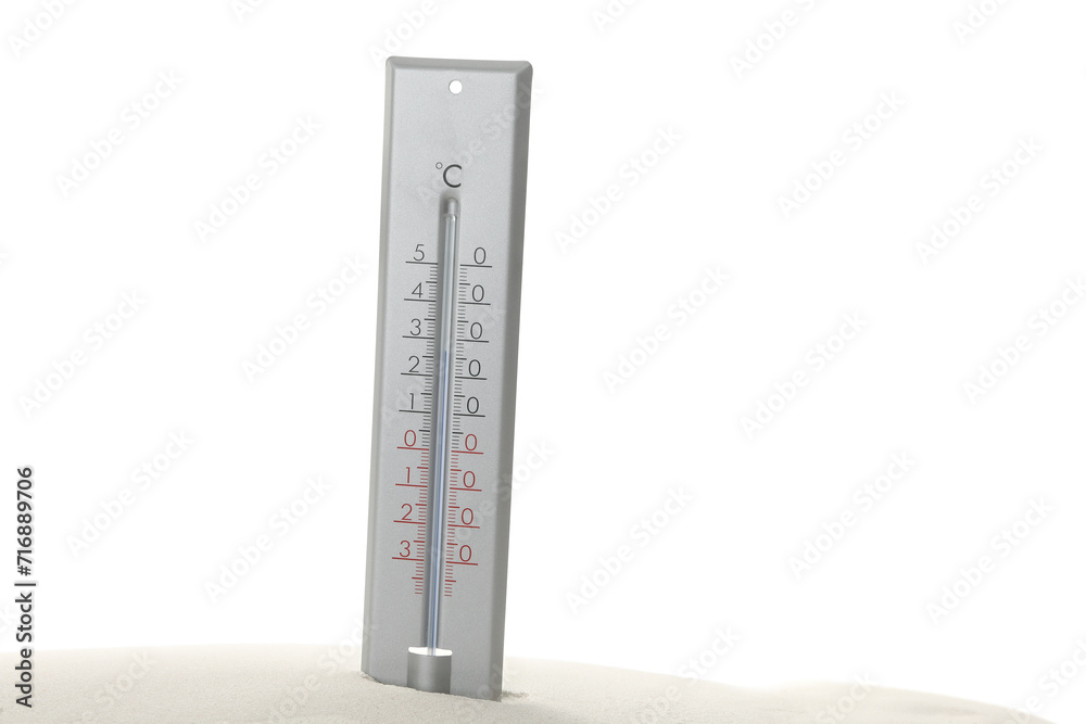 Weather thermometer in sand against white background Weather thermometer in sand against white background
