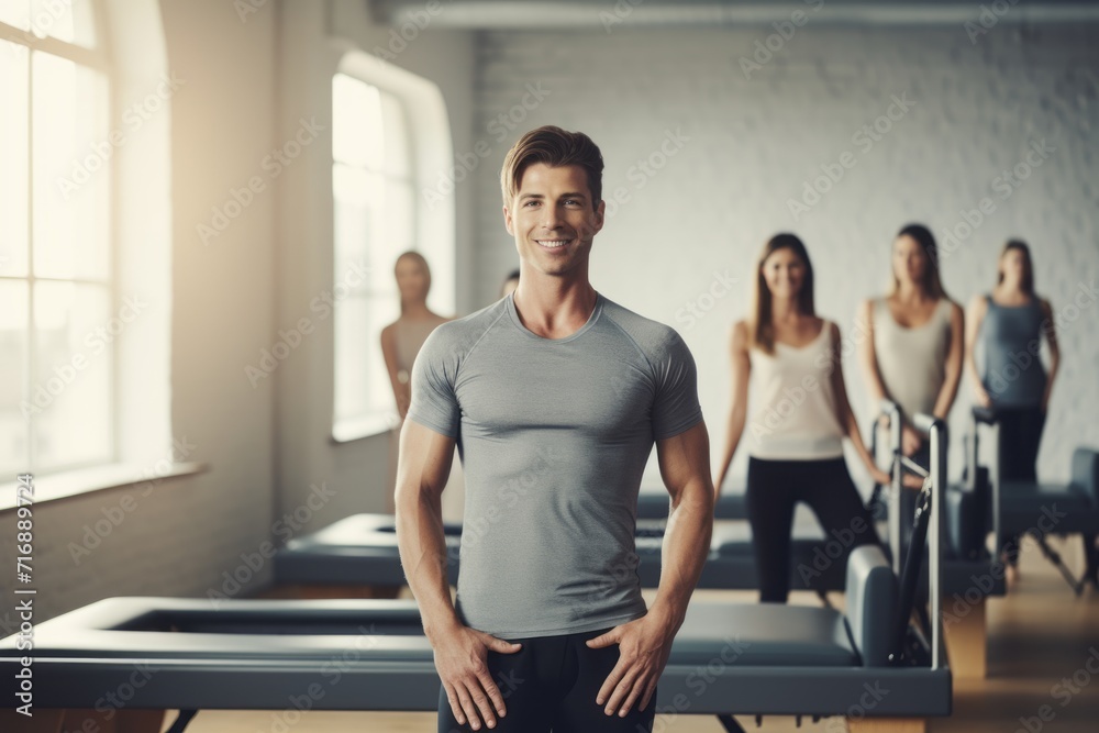 Portrait of a handsome boy in his 20s practicing pilates in an empty room. With generative AI technology Portrait of a handsome boy in his 20s practicing pilates in an empty room. With generative AI technology