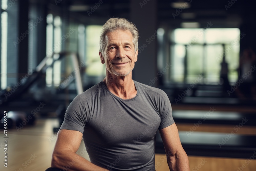 Obraz premium Portrait of a relaxed mature man practicing pilates in an empty room. With generative AI technology
