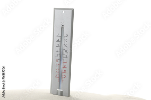 Weather thermometer in sand against white background