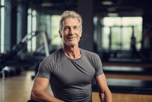 Portrait of a relaxed mature man practicing pilates in an empty room. With generative AI technology