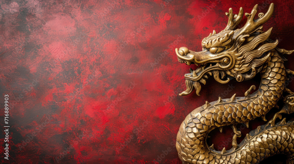 Golden dragon on a beautiful red background for design. Background with dragon and copy space. Top view. Golden dragon on a beautiful red background for design. Background with dragon and copy space. Top view.