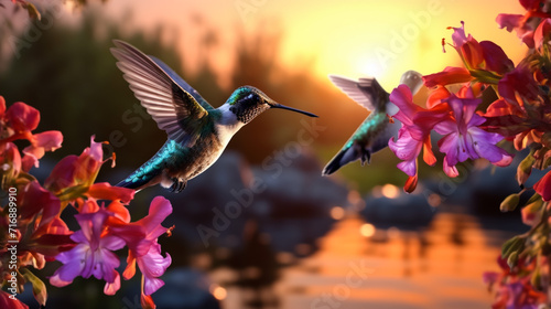  image of a hummingbird  displaying its fine details against a blurred natural setting Generative AI
