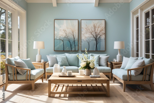 Elevate your living room with the understated charm of light blue and aqua sofas.  © INAYAT