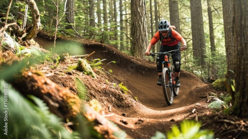 Mountain biker on a trail, riding away, dense forest setting, focus on bike and rider, natural light filtering through trees, sense of adventure and speed .