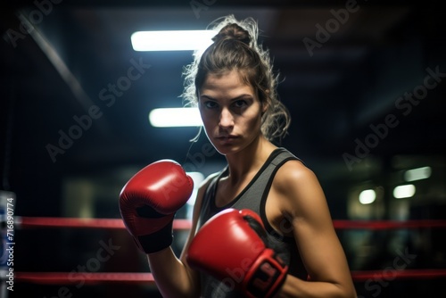 Portrait of an active girl in her 30s practicing boxing in a ring. With generative AI technology