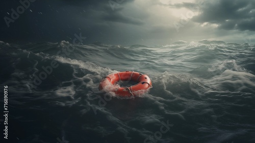 Lifebuoy floating on sea in storm weather